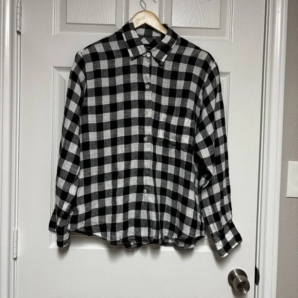 Karen Kane Black and White Check Cuffed Sleeve Button Down Shirt Size M Linen - Picture 2 of 13